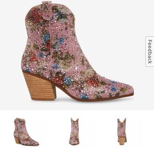 Betsey Johnson Emory Rhinestone Western Boot Pink Floral Sequin Sz 6